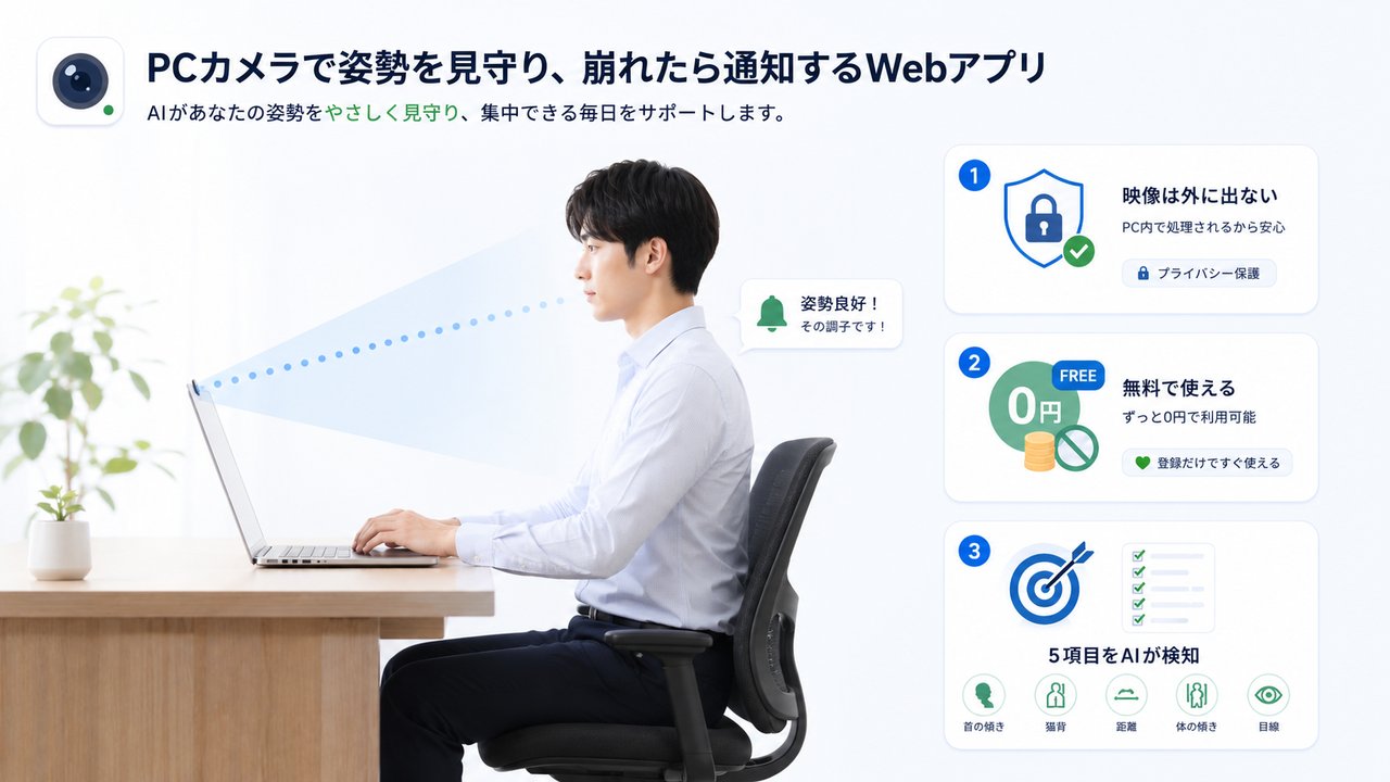 ShiseiKeeper の概要図：PC のカメラで姿勢を見守り、崩れたら通知する Web アプリ。映像は外に出ない／無料で使える／4 タイプを AI が検知
