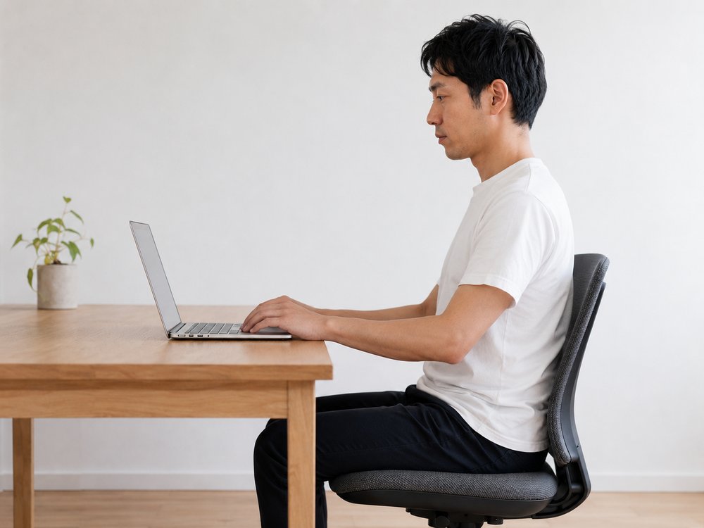 耳・肩・腰が一直線の正しい姿勢でPC作業する様子