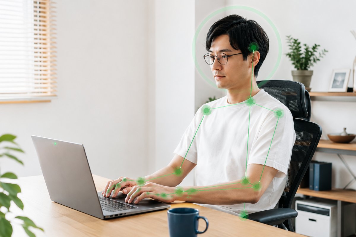 正しい姿勢でPC作業をする人の骨格を検出している様子